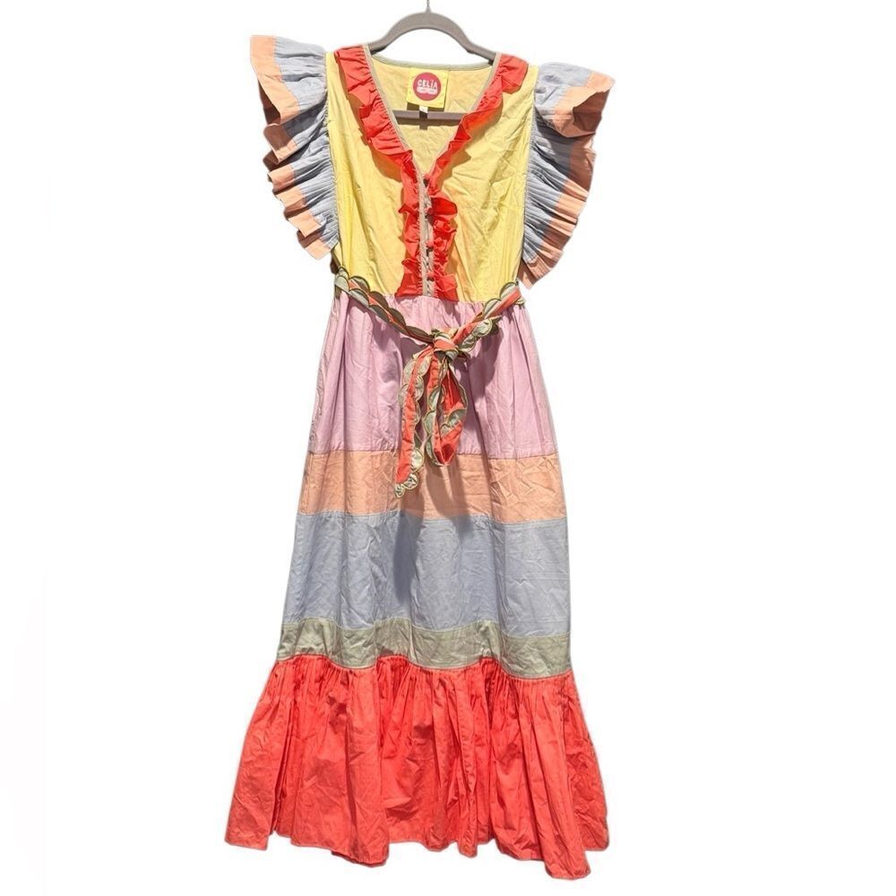 Celia B Marcellene Ruffled Pleated Scalloped Embroidered Midi Dress *Flaw Large - Picture 13 of 16
